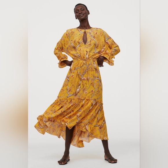 Johanna Ortiz x H&M Yellow Floral Tiered Ruffle Maxi Dress Size M Boho Botanical - Picture 2 of 12